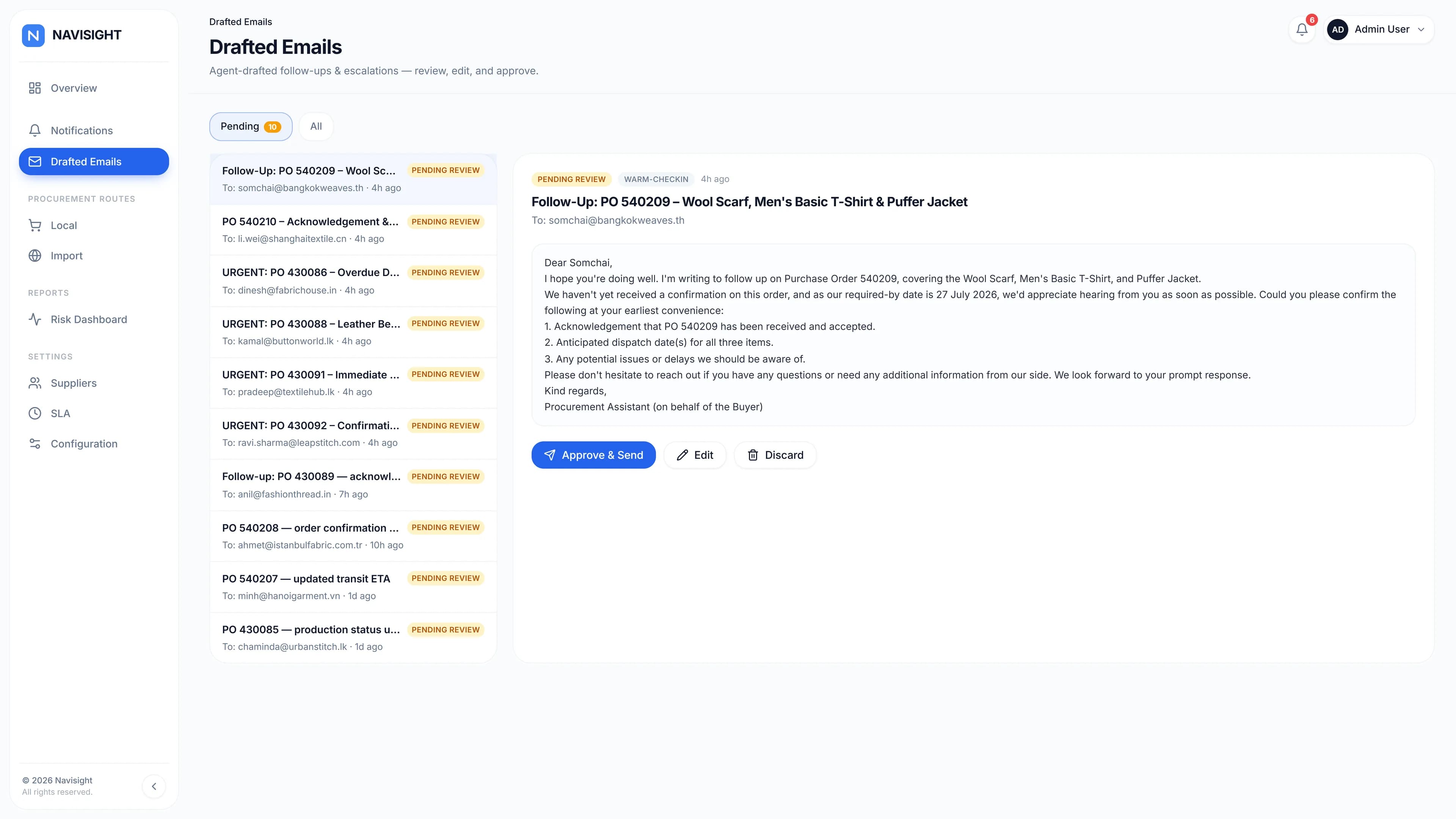 Navisight drafted emails queue: AI-written supplier follow-ups awaiting one-click review and approval
