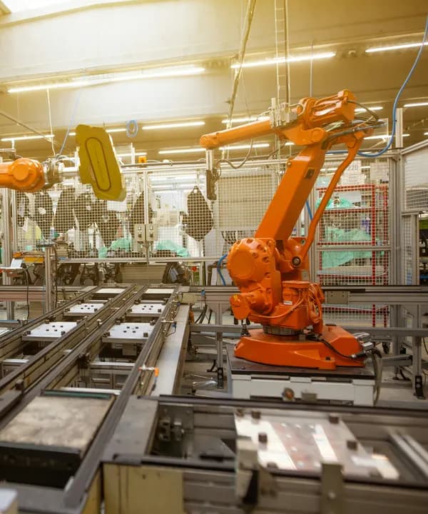 An orange industrial robot on a production line
