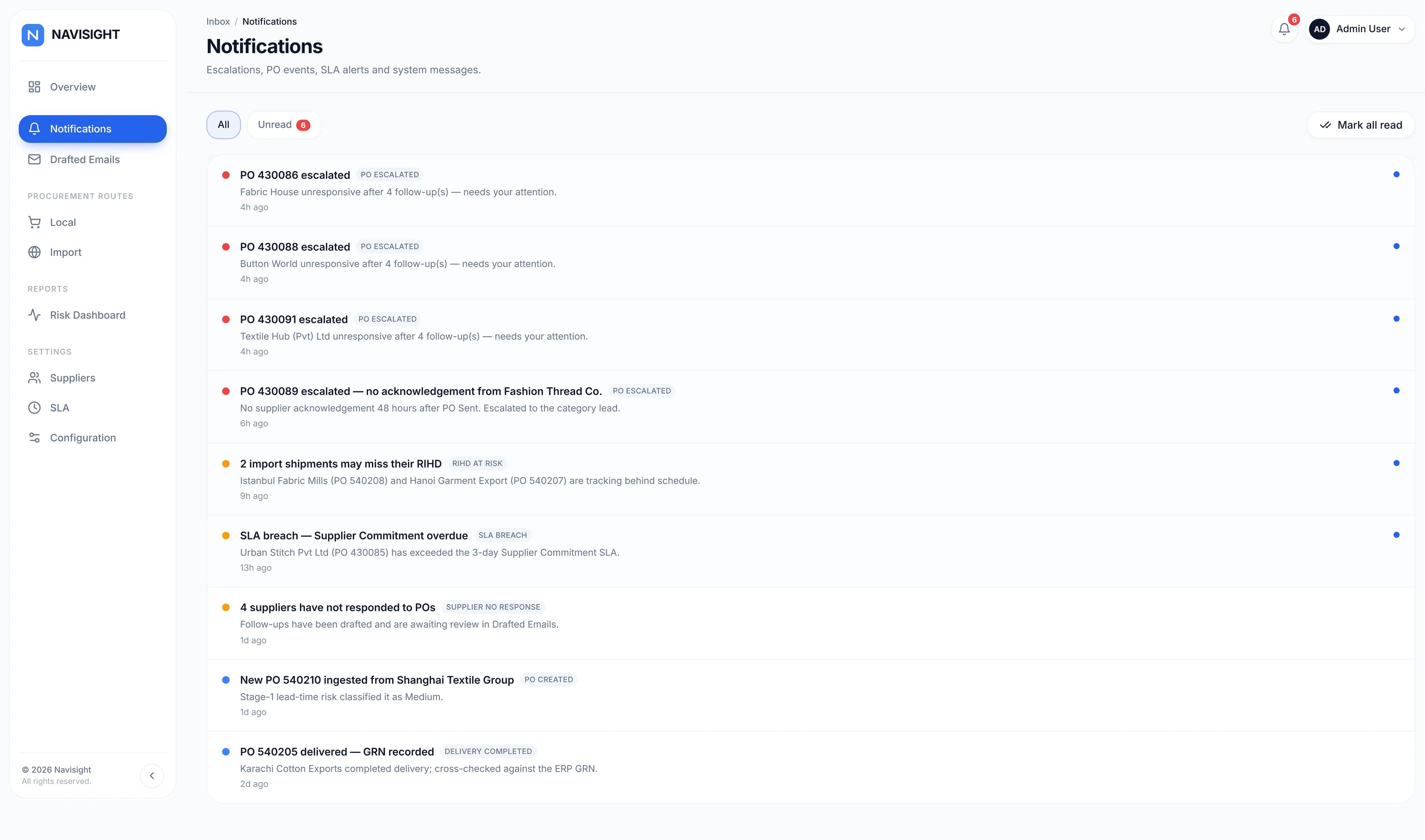 Navisight notifications feed surfacing escalations, SLA breaches and shipments at risk